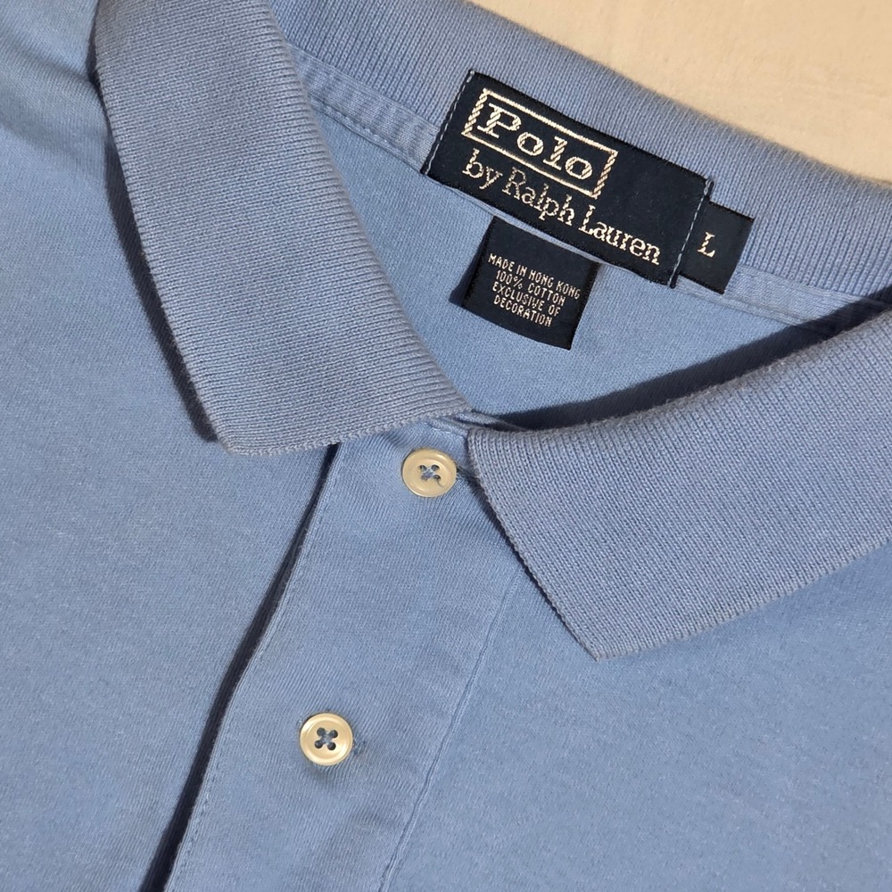 Vintage 90s Polo Ralph Lauren Mens Large Blue Interlock Polo Shirt Tennis Tail